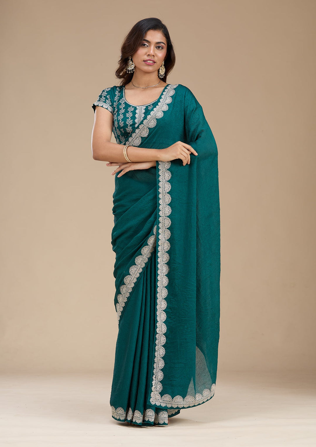 Rama Green Zariwork (Silver) Soft Raw Silk Saree_koskii