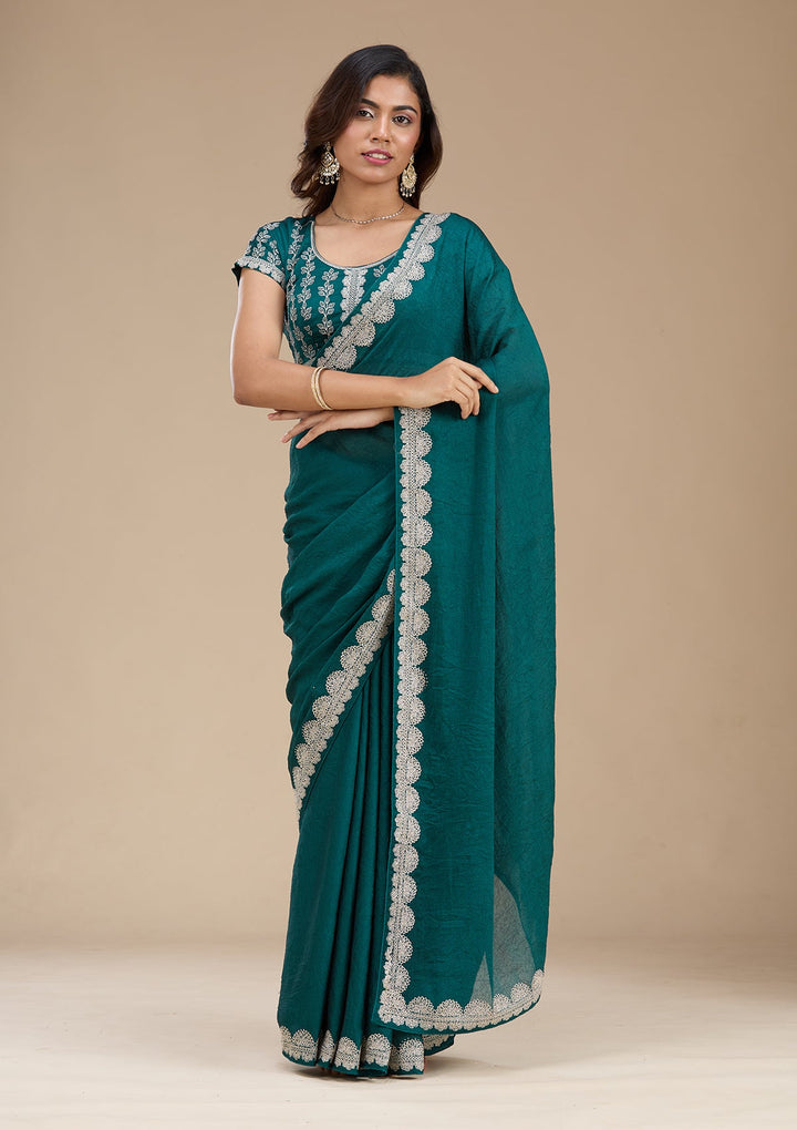 Rama Green Zariwork (Silver) Soft Raw Silk Saree_koskii