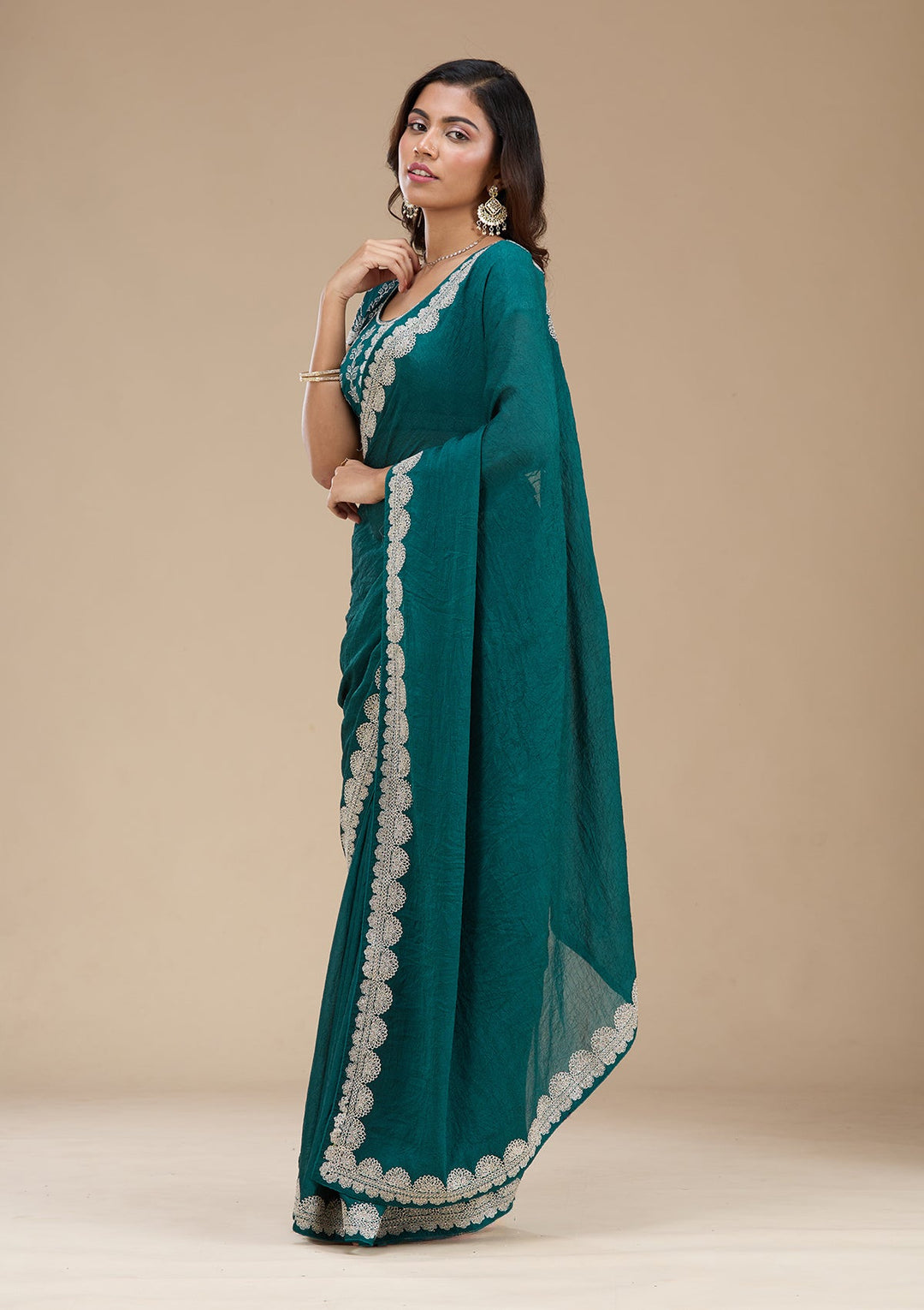 Rama Green Zariwork (Silver) Soft Raw Silk Saree_koskii