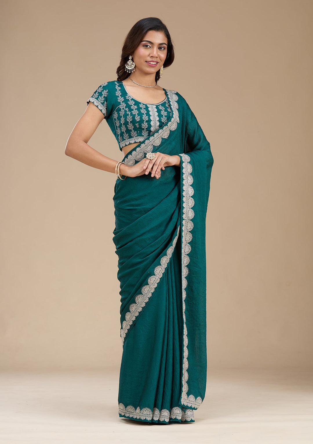 Rama Green Zariwork (Silver) Soft Raw Silk Saree_koskii