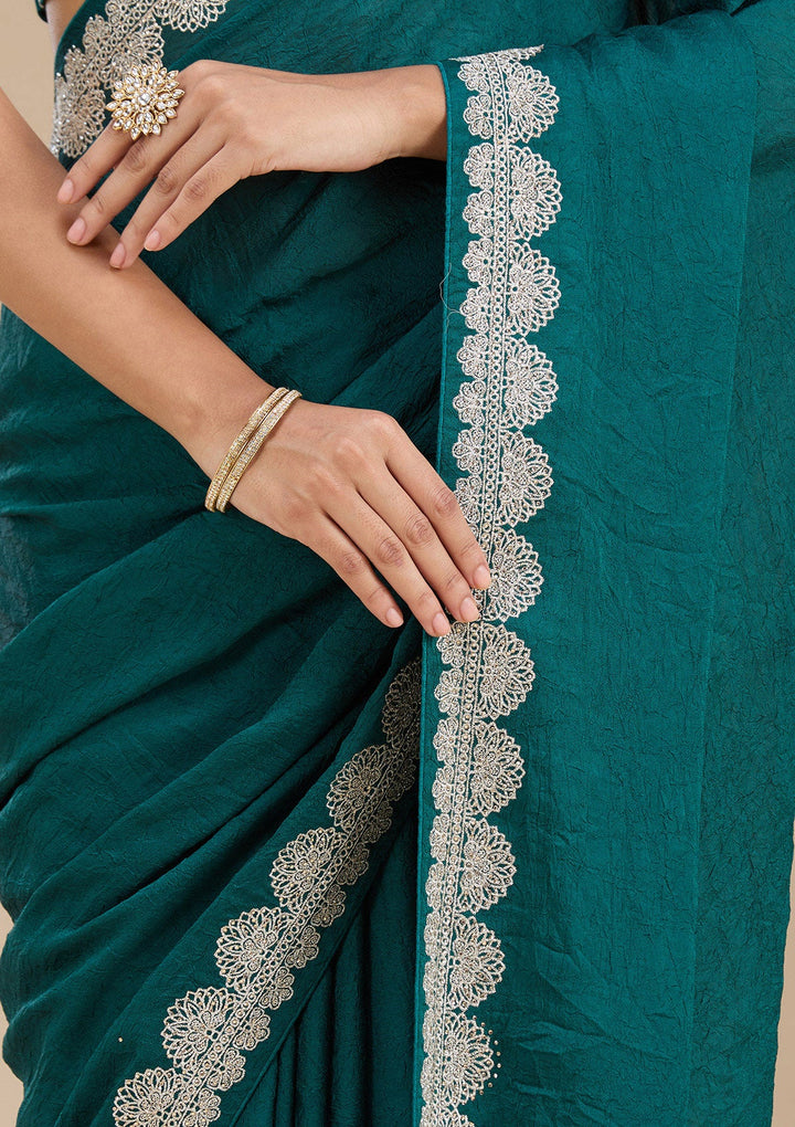 Rama Green Zariwork (Silver) Soft Raw Silk Saree_koskii