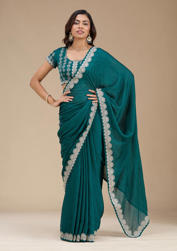 Rama Green Zariwork (Silver) Soft Raw Silk Saree_koskii