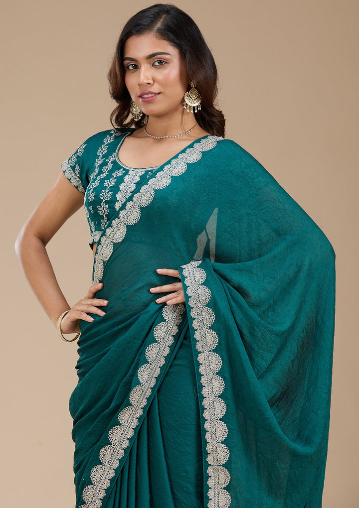 Rama Green Zariwork (Silver) Soft Raw Silk Saree_koskii