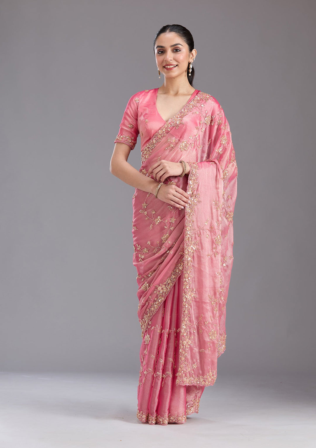 Pink Cutdana Tissue Saree-koskii