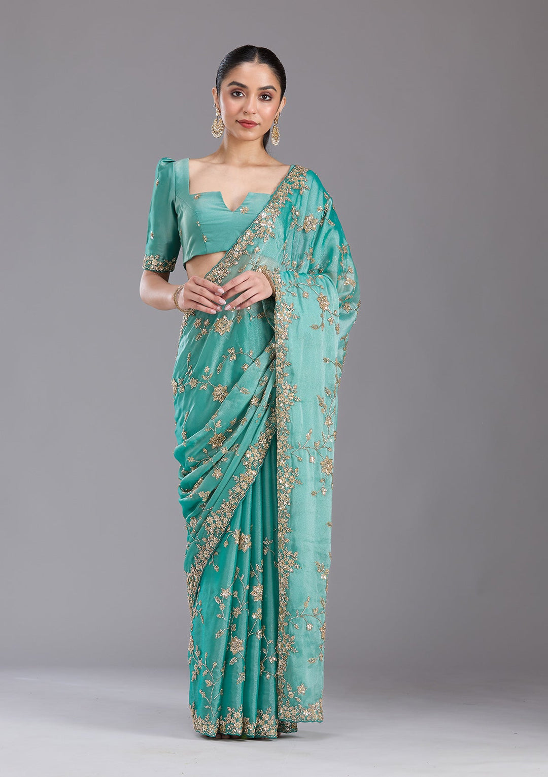 Sea Green Cutdana Tissue Saree-koskii