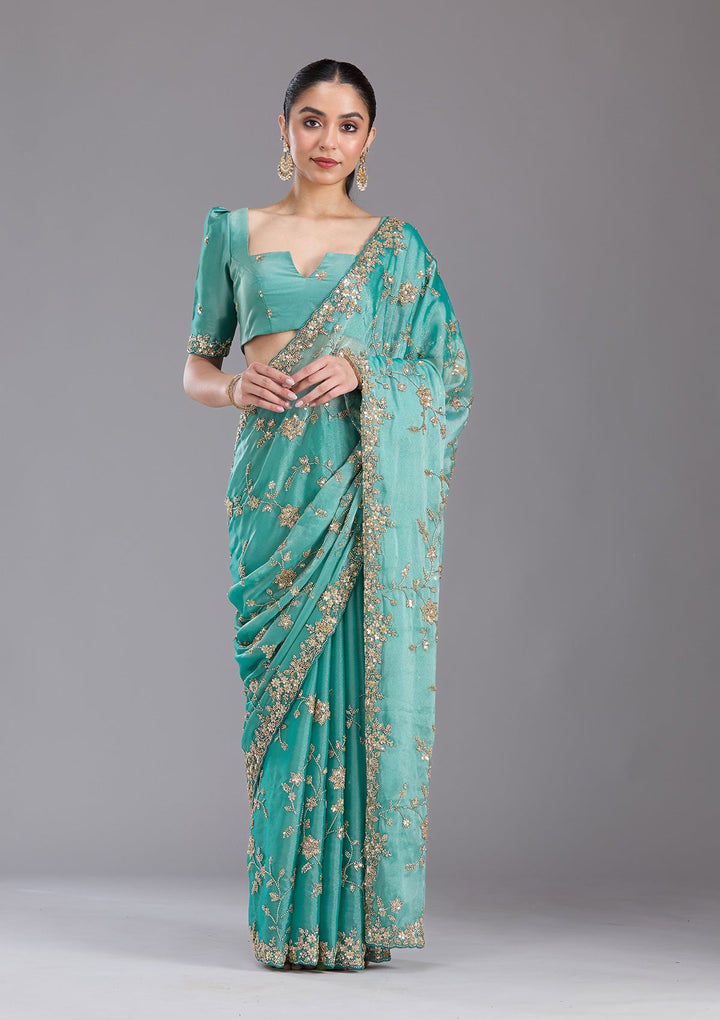 Sea Green Cutdana Tissue Saree-koskii