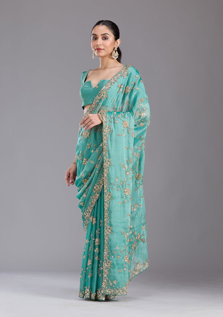 Sea Green Cutdana Tissue Saree-koskii