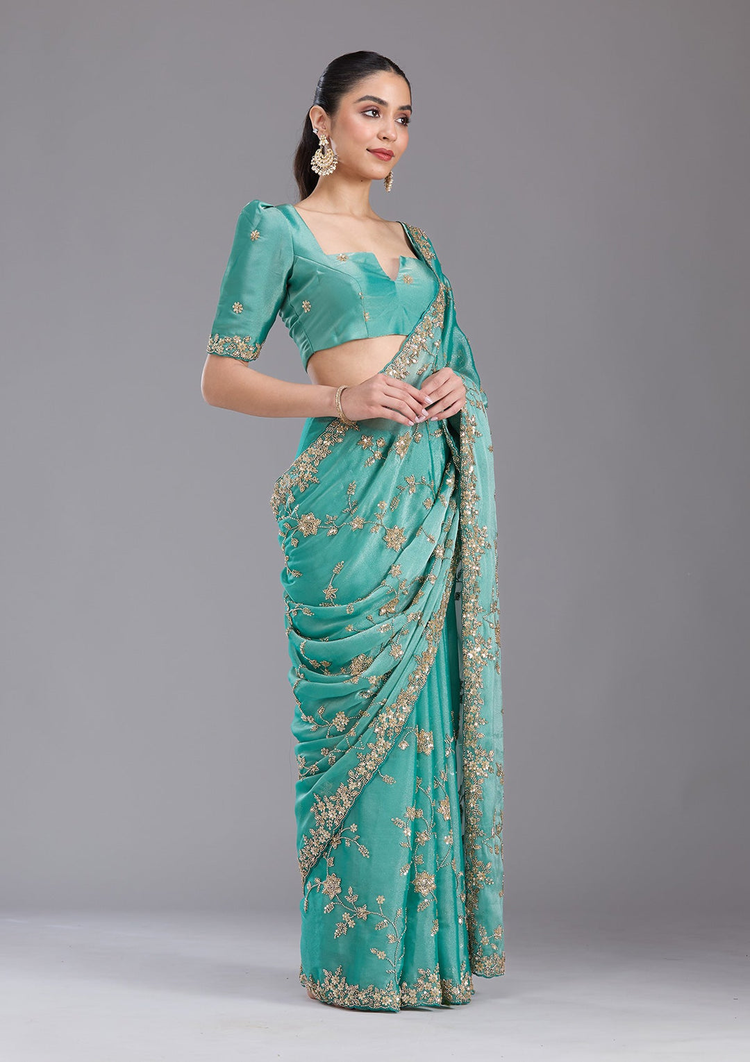 Sea Green Cutdana Tissue Saree-koskii