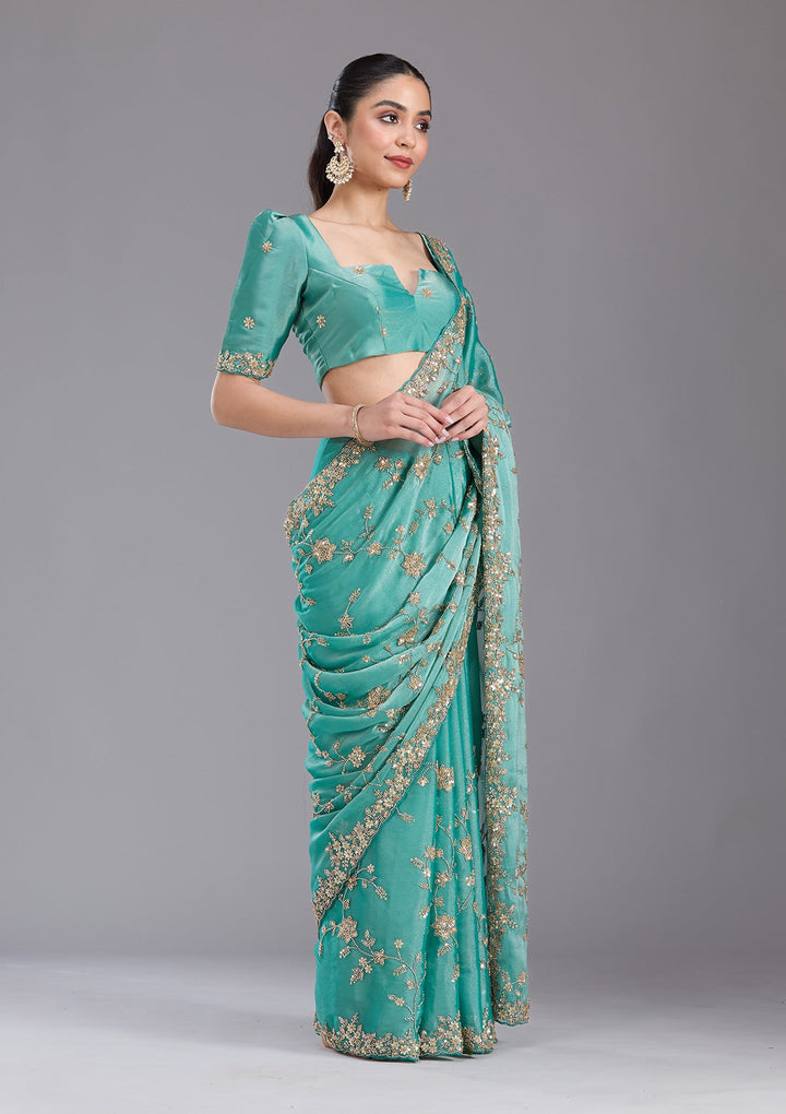Sea Green Cutdana Tissue Saree-koskii
