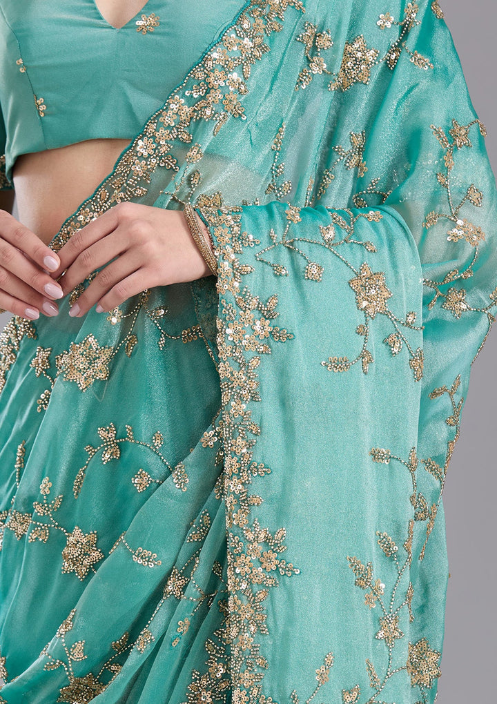 Sea Green Cutdana Tissue Saree-koskii
