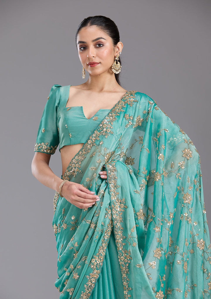 Sea Green Cutdana Tissue Saree-koskii