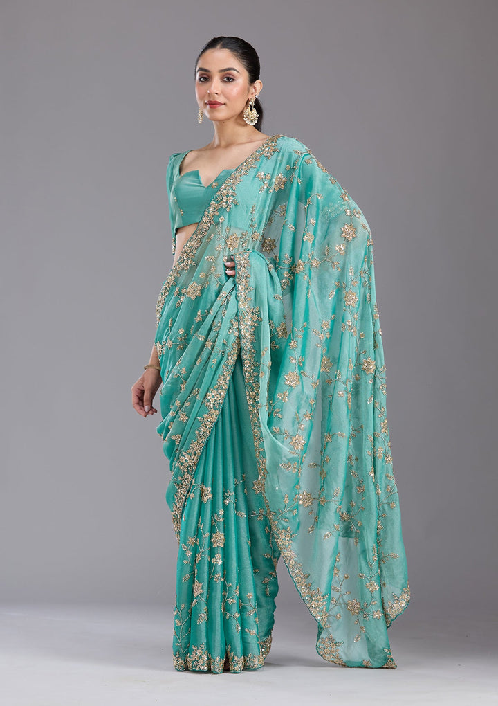 Sea Green Cutdana Tissue Saree-koskii