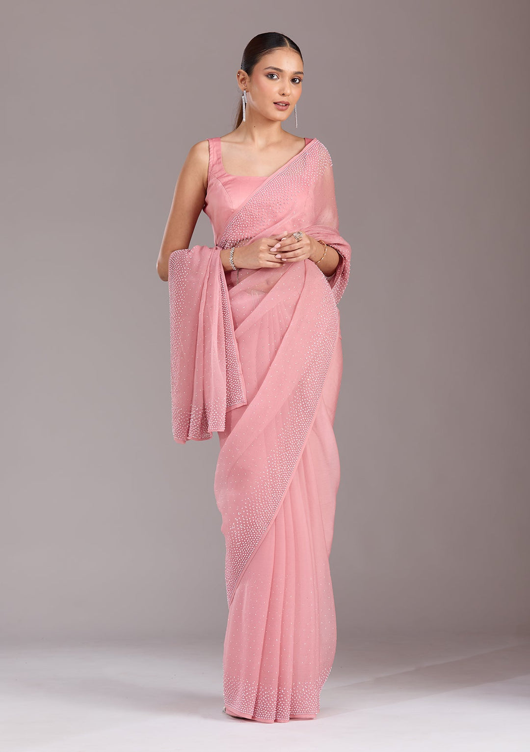 Gajari Pink Stonework (Silver) Chiffon Saree-koskii