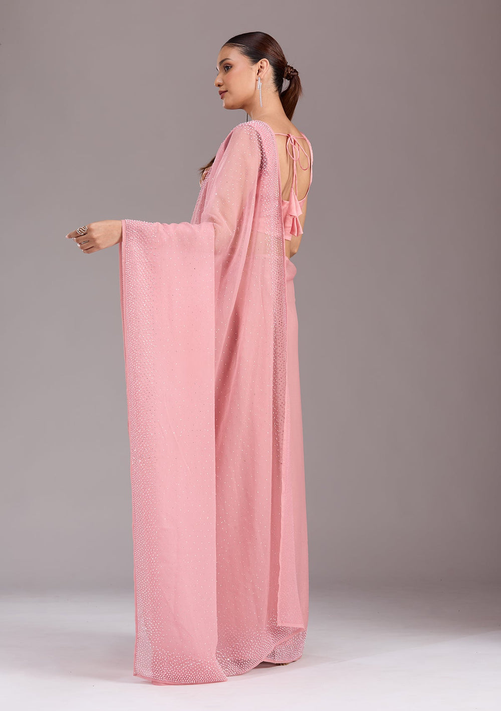 Gajari Pink Stonework (Silver) Chiffon Saree-koskii