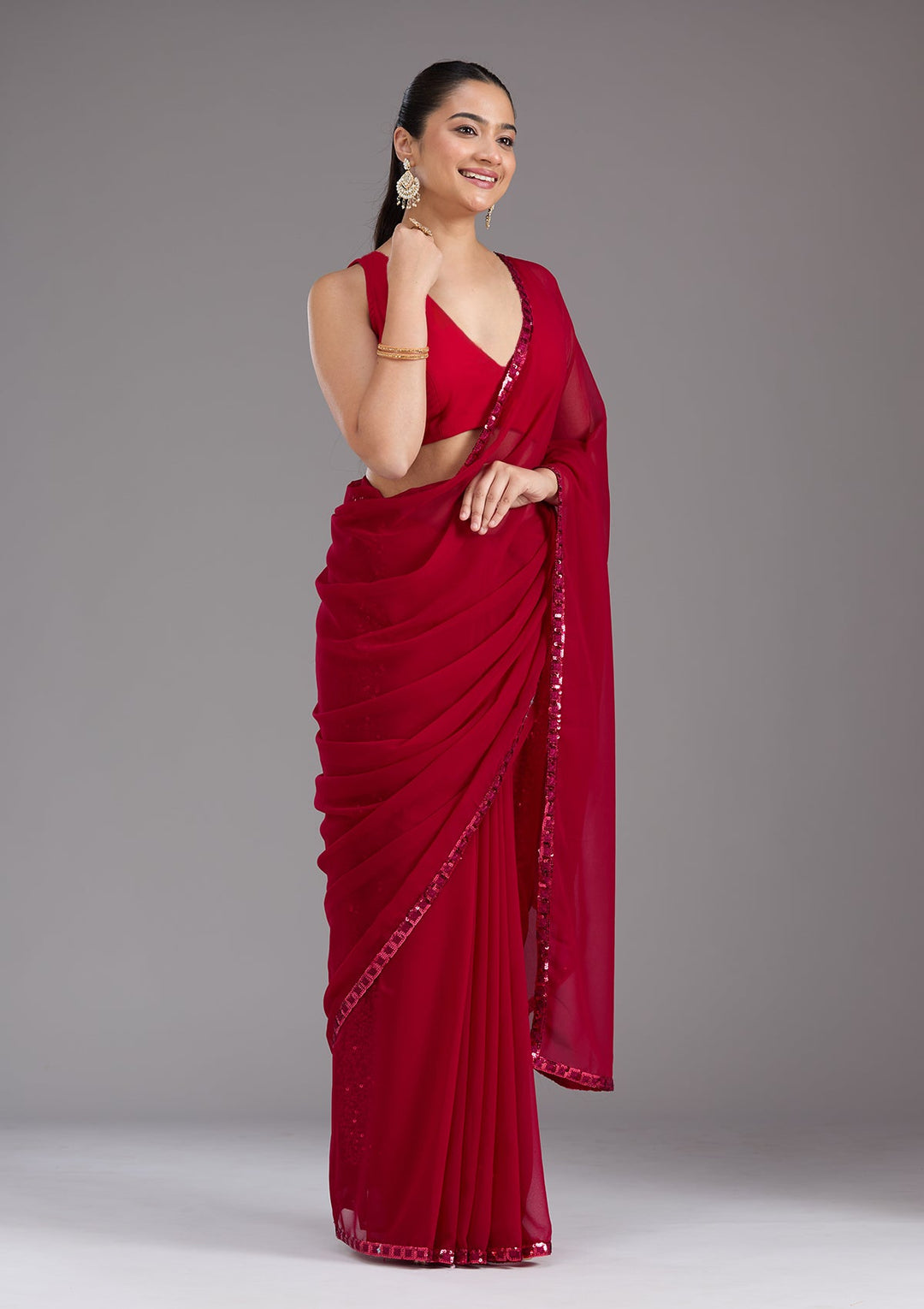 Maroon Sequins Georgette Saree_koskii