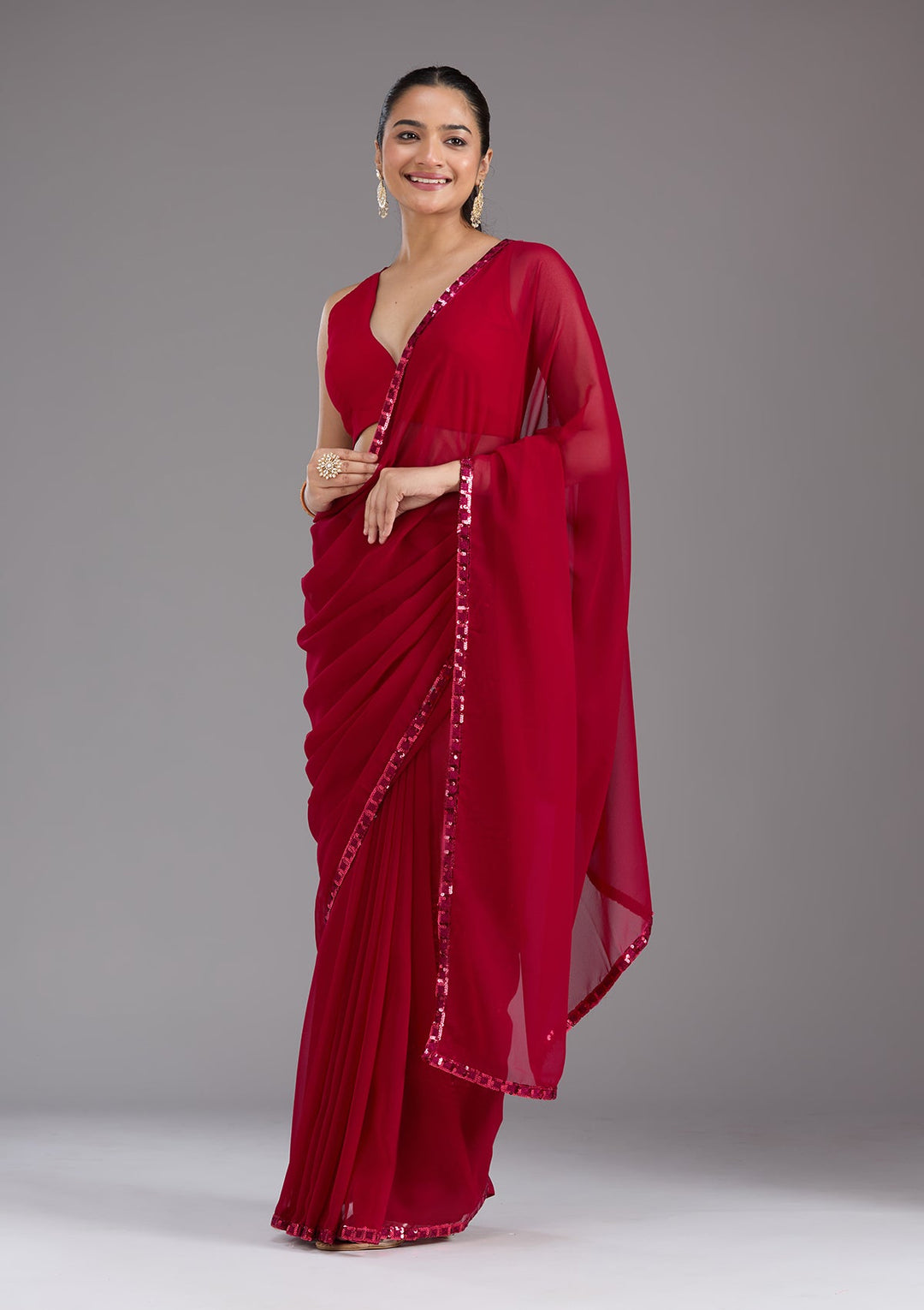 Maroon Sequins Georgette Saree_koskii