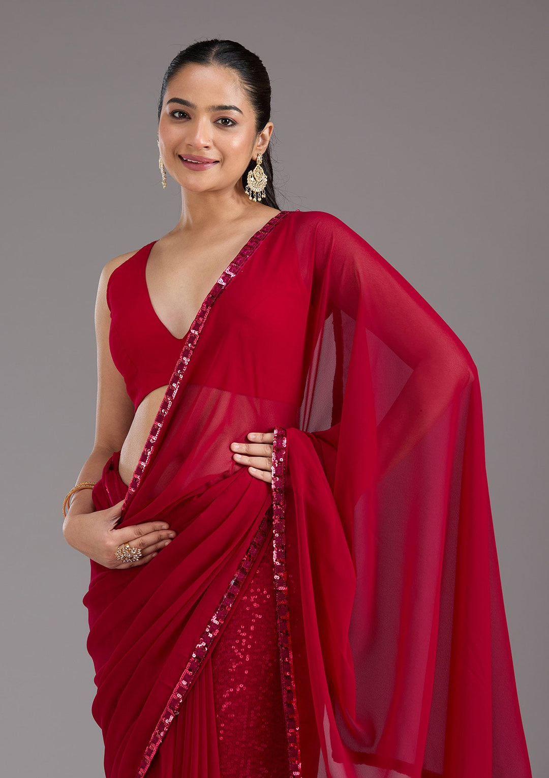 Maroon Sequins Georgette Saree_koskii
