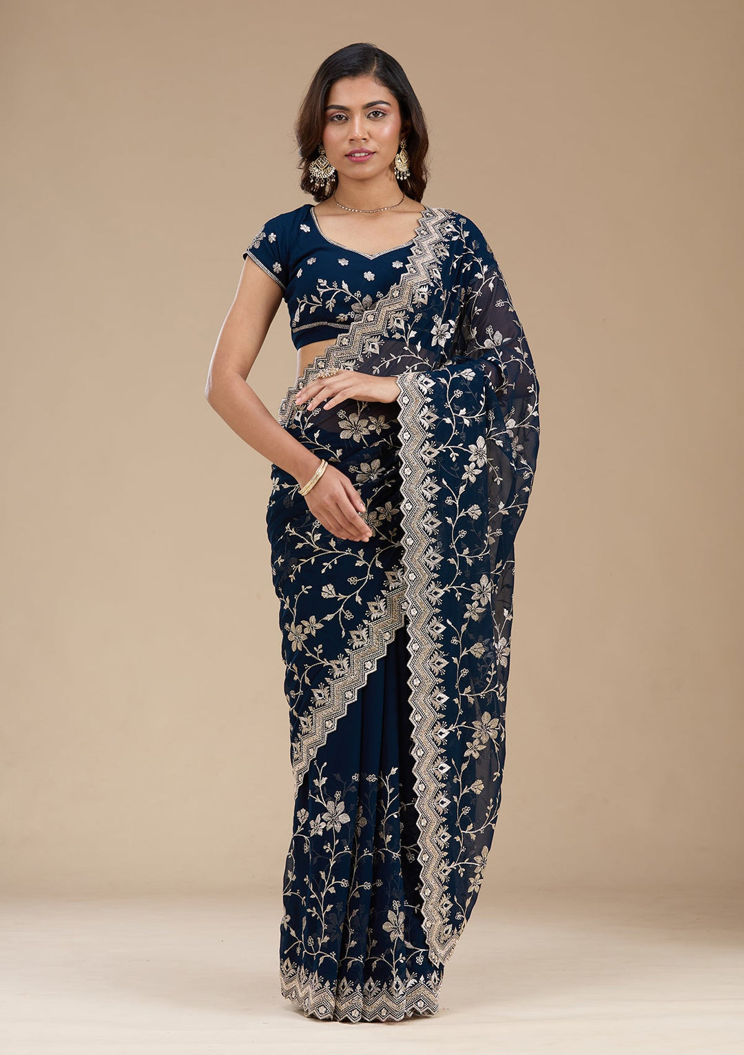 Navy Blue Zariwork (Gold) Georgette Saree_koskii