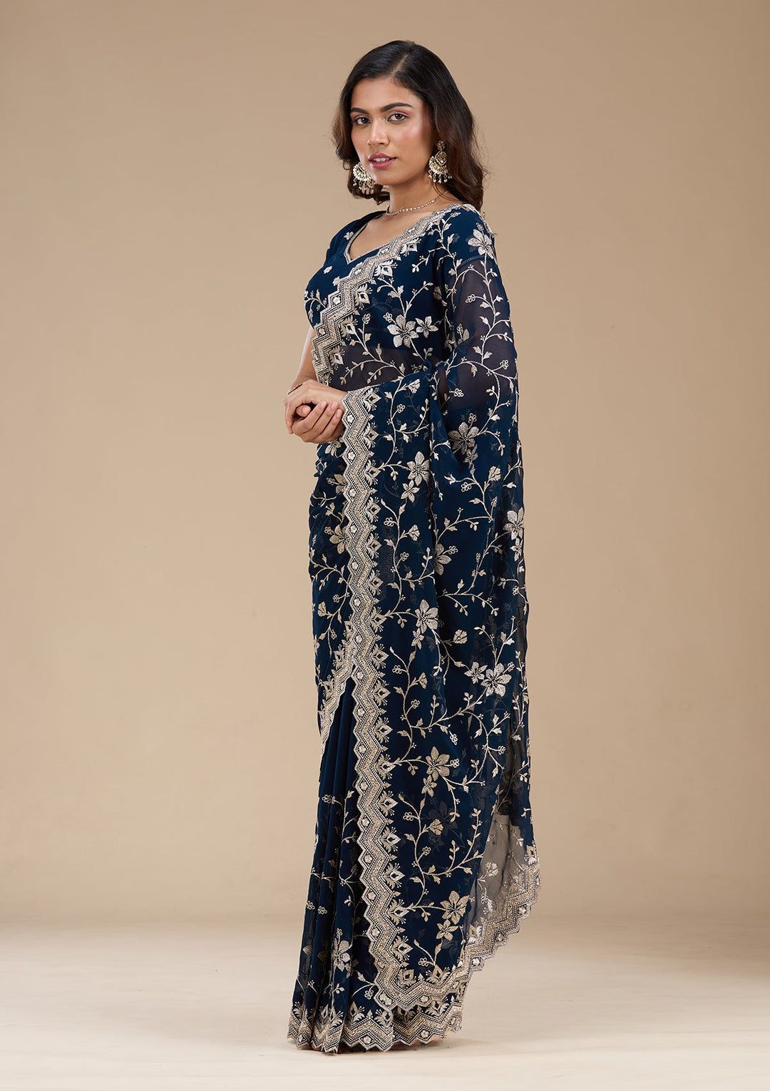Navy Blue Zariwork (Gold) Georgette Saree_koskii