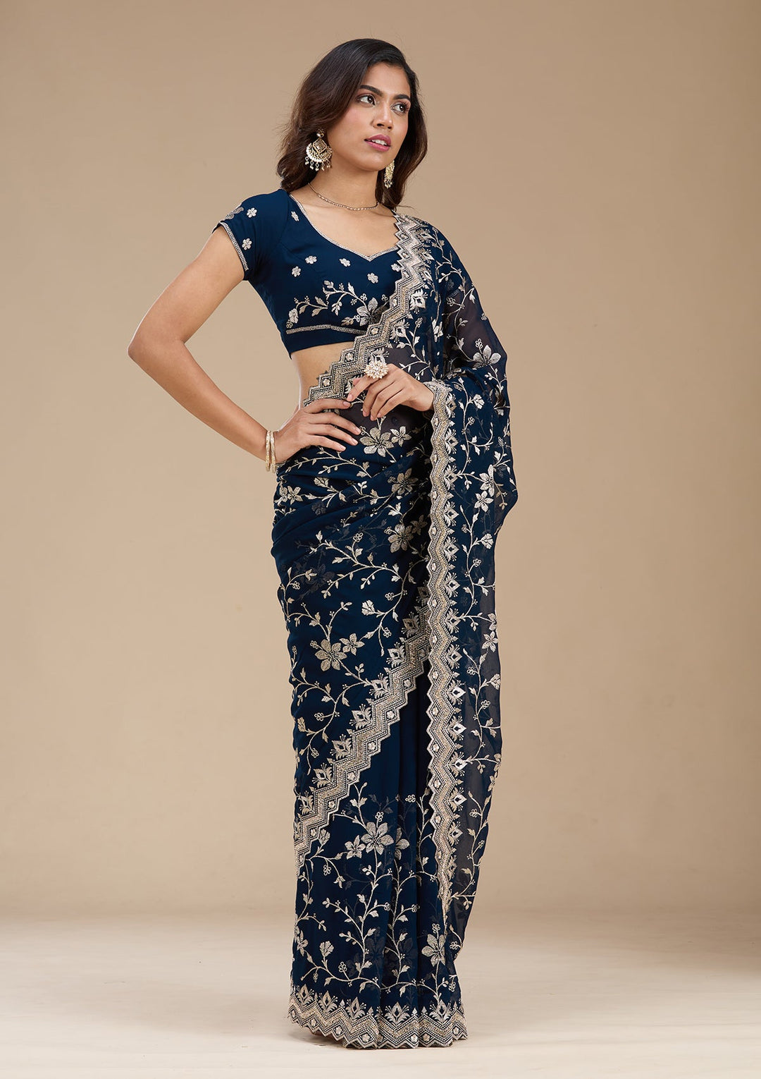 Navy Blue Zariwork (Gold) Georgette Saree_koskii