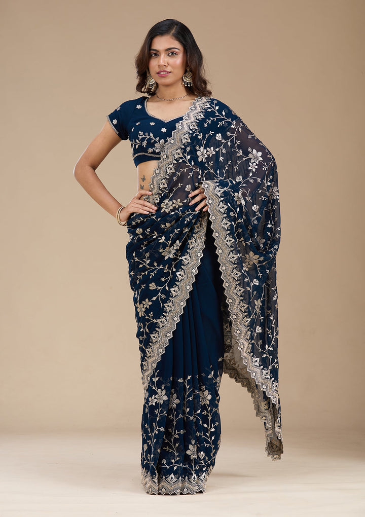 Navy Blue Zariwork (Gold) Georgette Saree_koskii