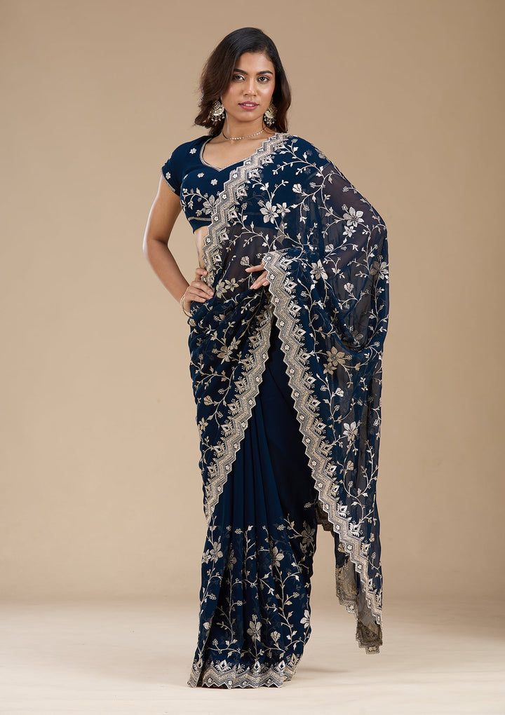 Navy Blue Zariwork (Gold) Georgette Saree_koskii