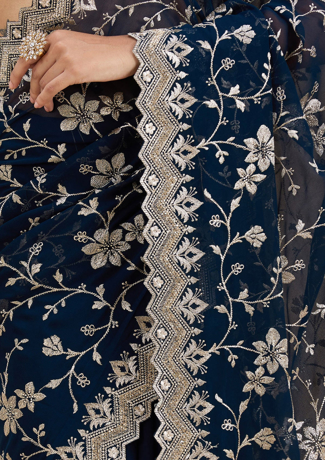 Navy Blue Zariwork (Gold) Georgette Saree_koskii