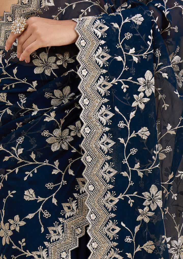 Navy Blue Zariwork (Gold) Georgette Saree_koskii