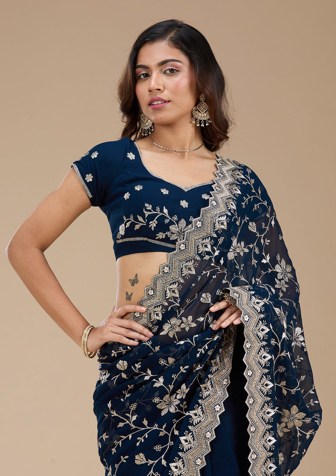Navy Blue Zariwork (Gold) Georgette Saree_koskii