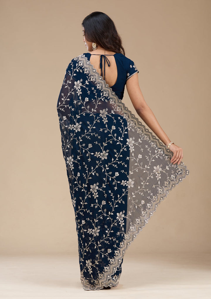 Navy Blue Zariwork (Gold) Georgette Saree_koskii
