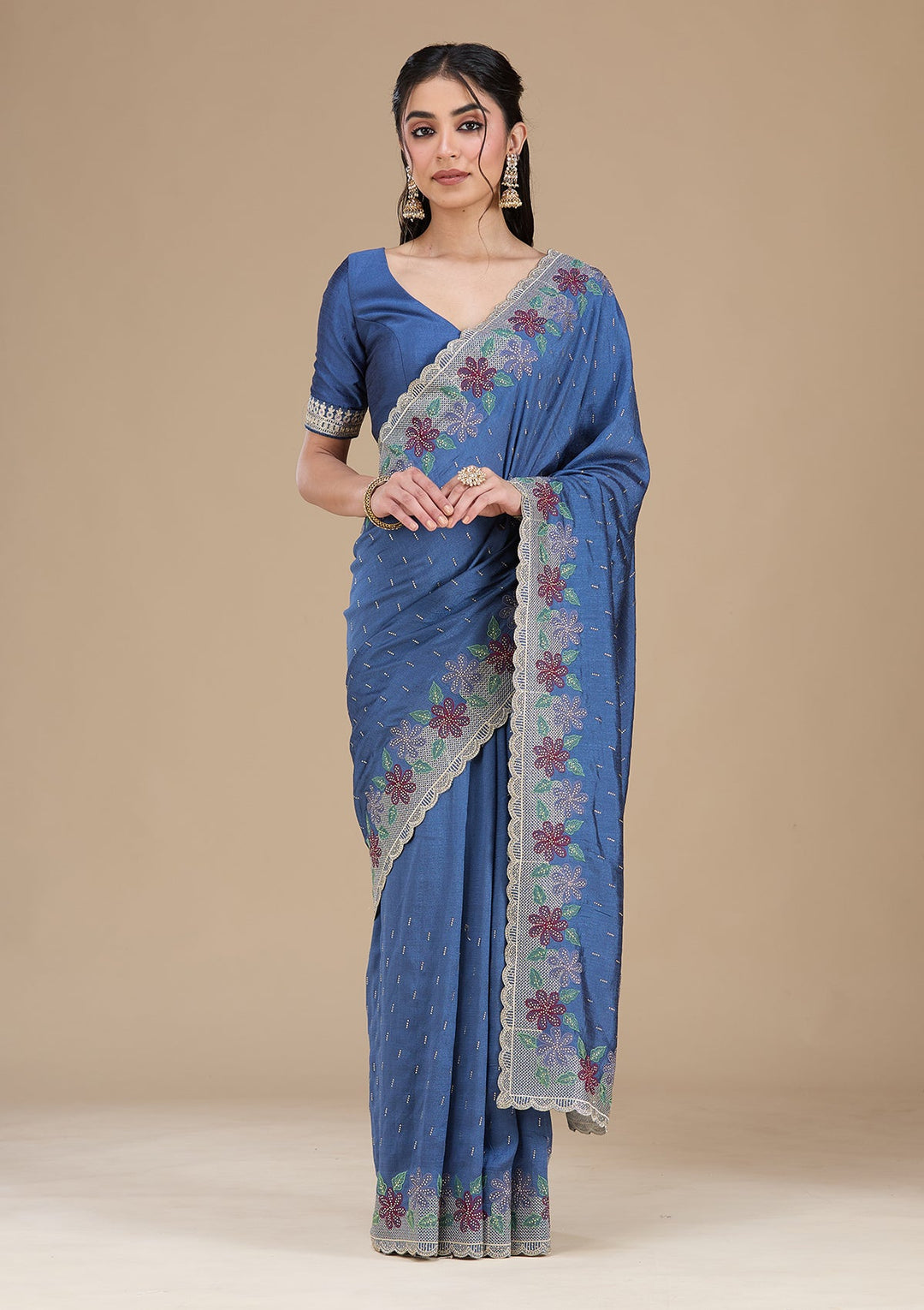 Navy Blue Threadwork Soft Raw Silk Saree_koskii