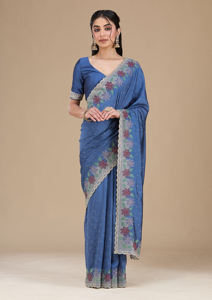 Navy Blue Threadwork Soft Raw Silk Saree_koskii