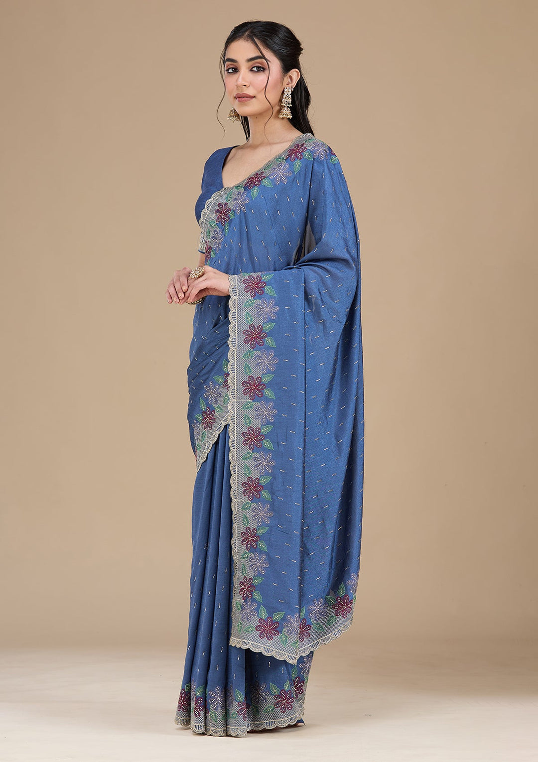 Navy Blue Threadwork Soft Raw Silk Saree_koskii