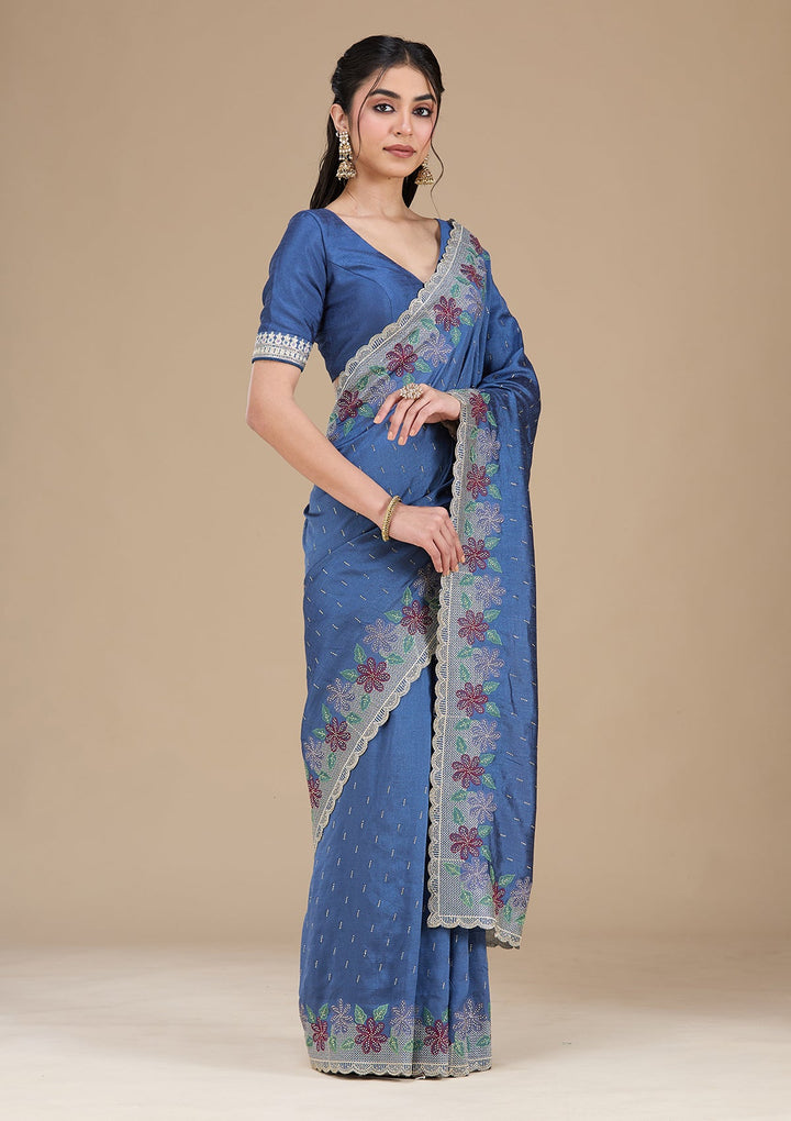 Navy Blue Threadwork Soft Raw Silk Saree_koskii