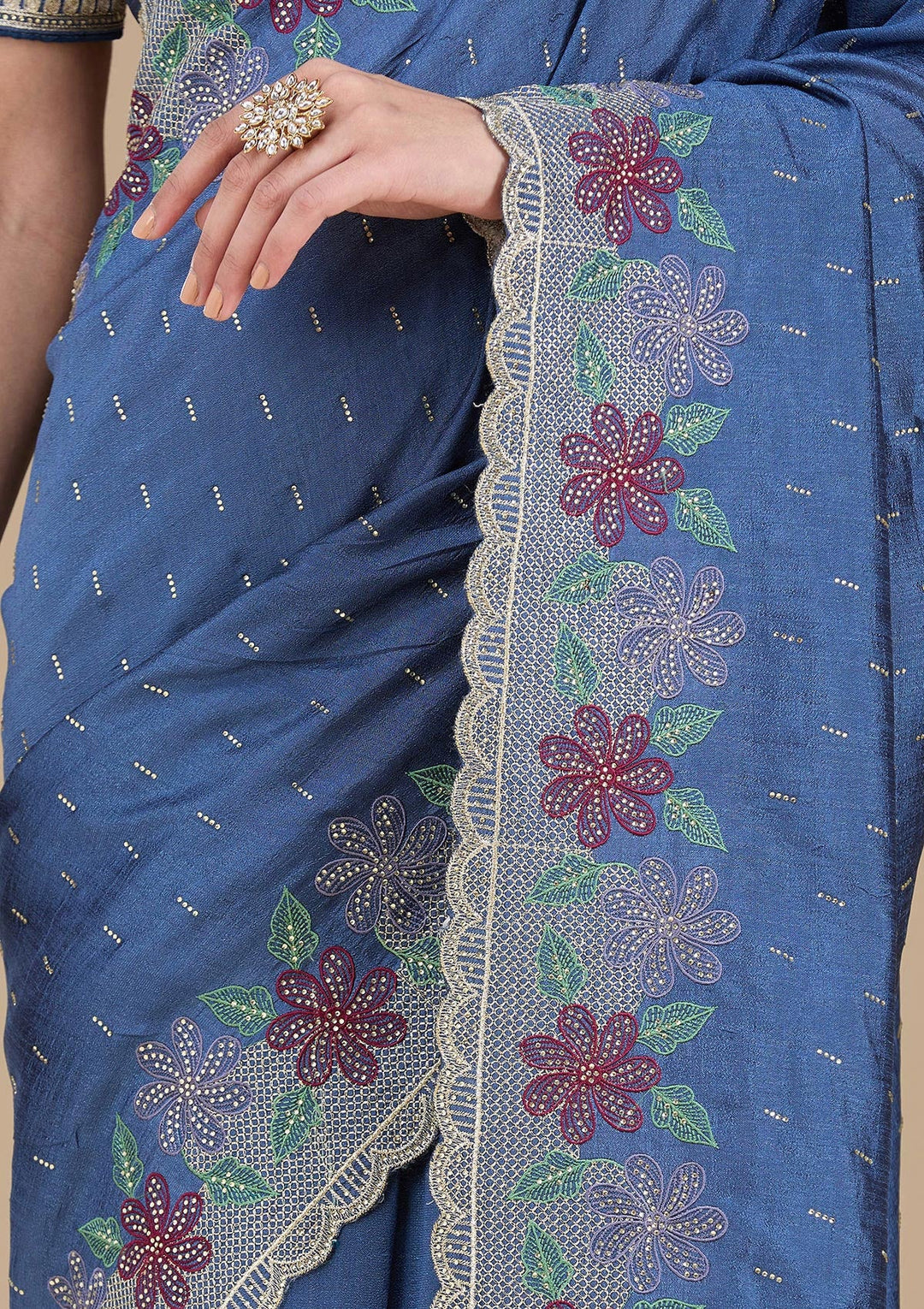 Navy Blue Threadwork Soft Raw Silk Saree_koskii
