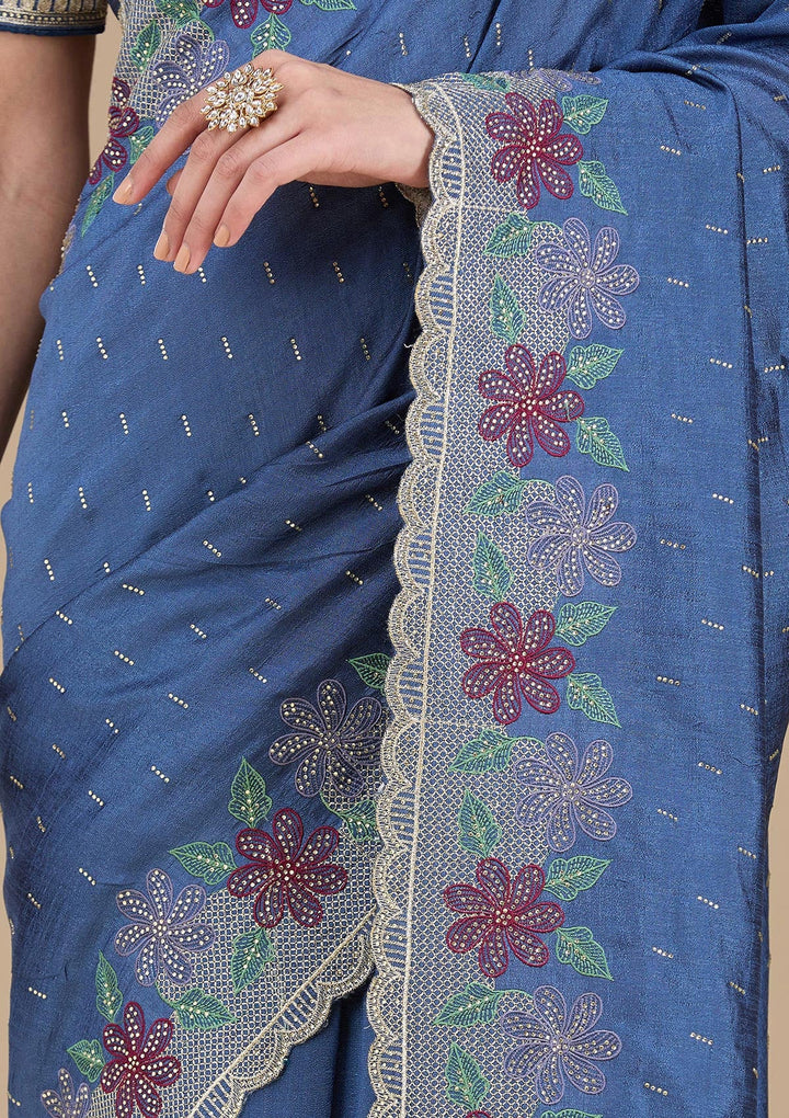 Navy Blue Threadwork Soft Raw Silk Saree_koskii