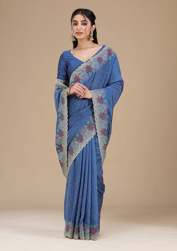 Navy Blue Threadwork Soft Raw Silk Saree_koskii