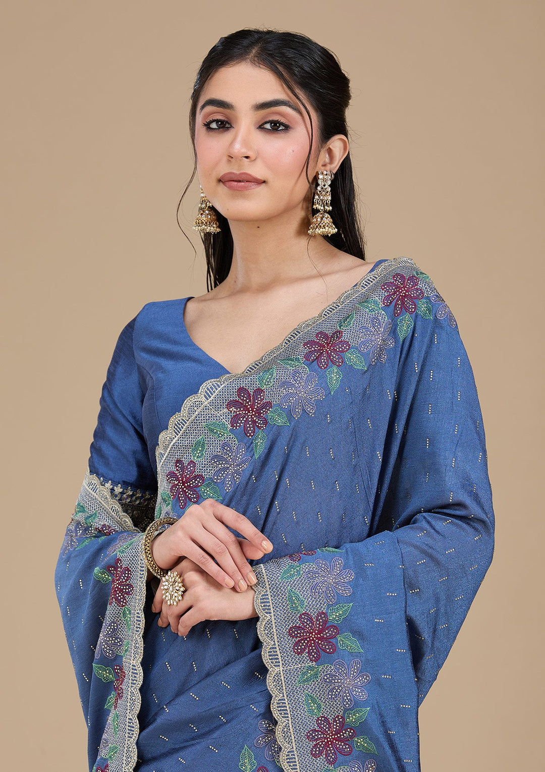 Navy Blue Threadwork Soft Raw Silk Saree_koskii