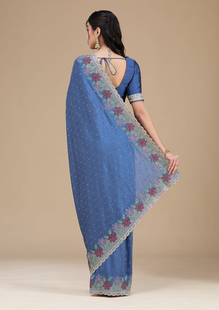 Navy Blue Threadwork Soft Raw Silk Saree_koskii