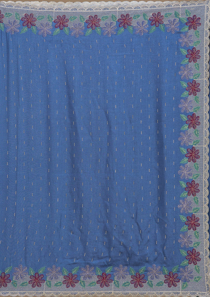 Navy Blue Threadwork Soft Raw Silk Saree_koskii