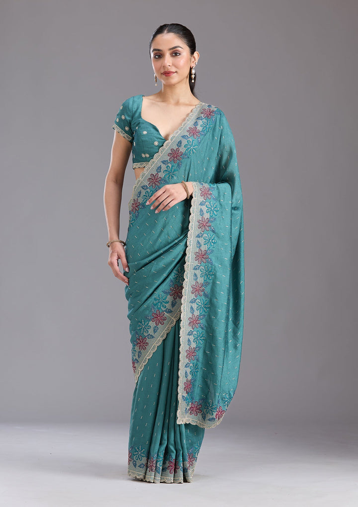 Sea Green Threadwork Soft Raw Silk Saree-koskii