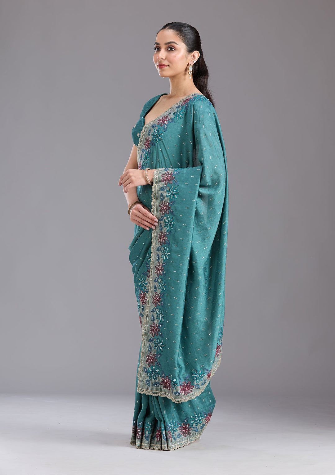 Sea Green Threadwork Soft Raw Silk Saree-koskii