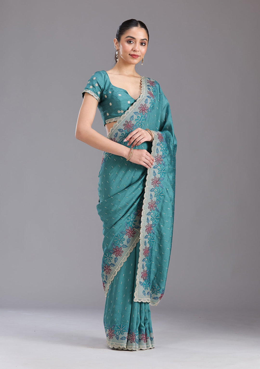 Sea Green Threadwork Soft Raw Silk Saree-koskii