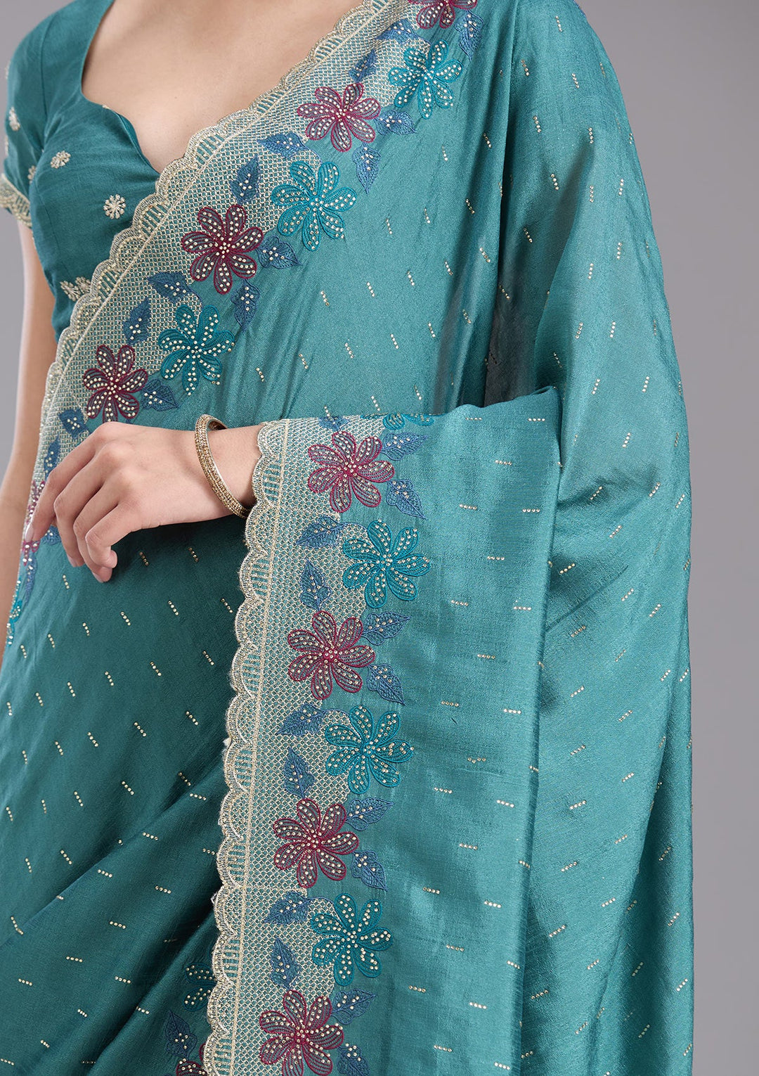 Sea Green Threadwork Soft Raw Silk Saree-koskii