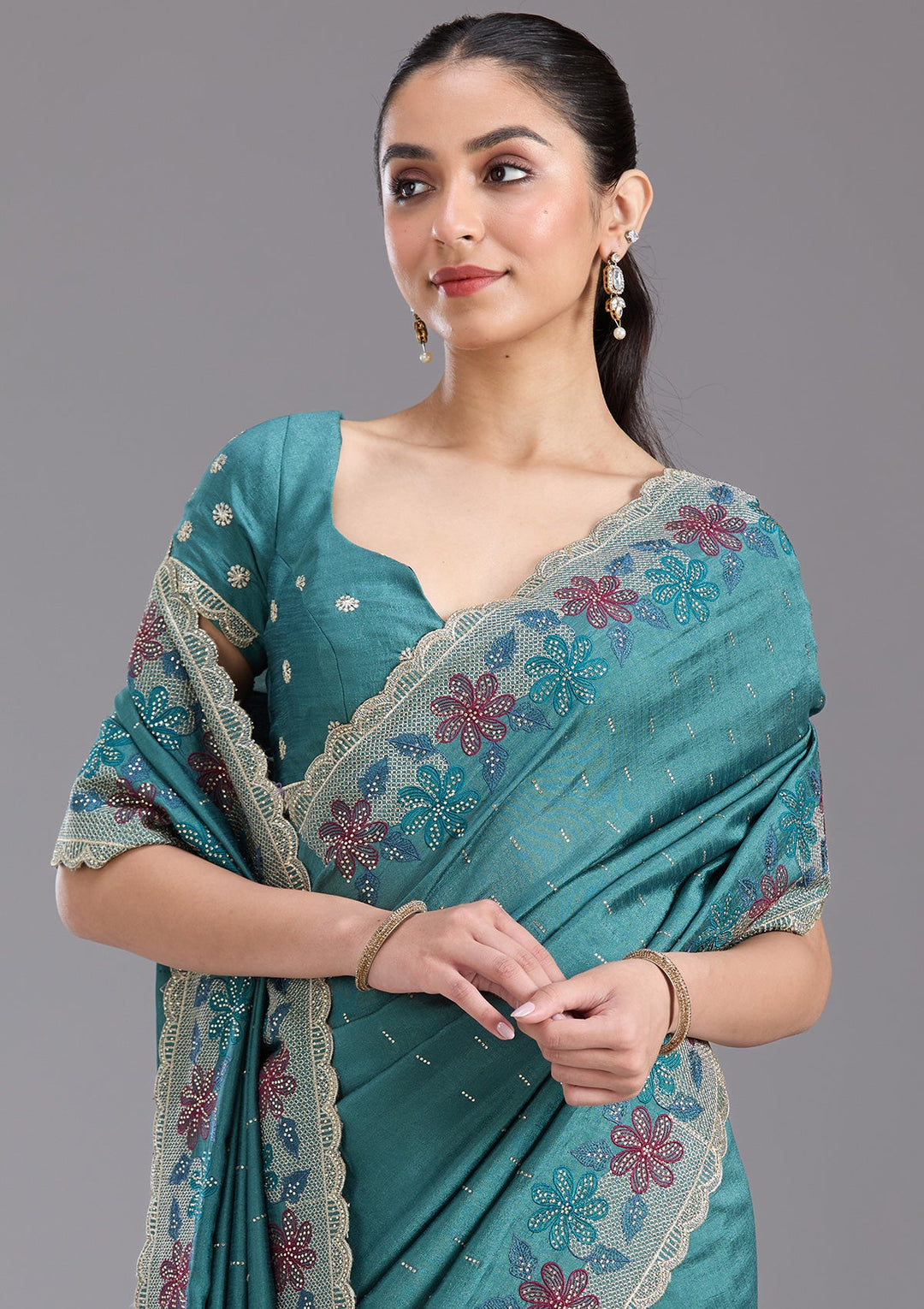Sea Green Threadwork Soft Raw Silk Saree-koskii