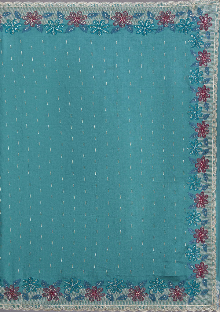 Sea Green Threadwork Soft Raw Silk Saree-koskii