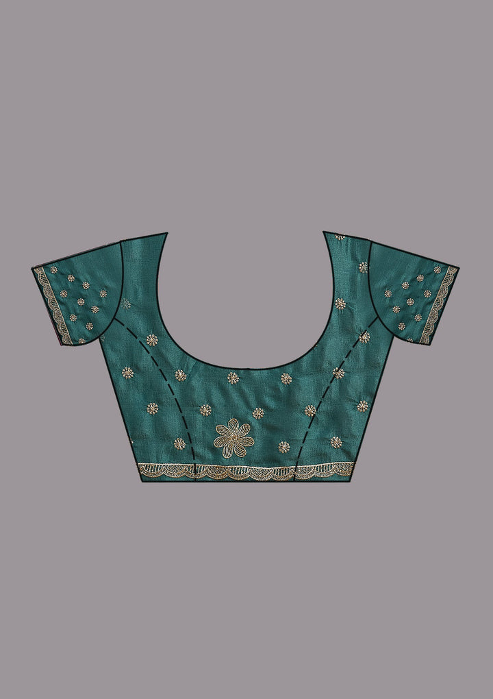 Sea Green Threadwork Soft Raw Silk Saree-koskii