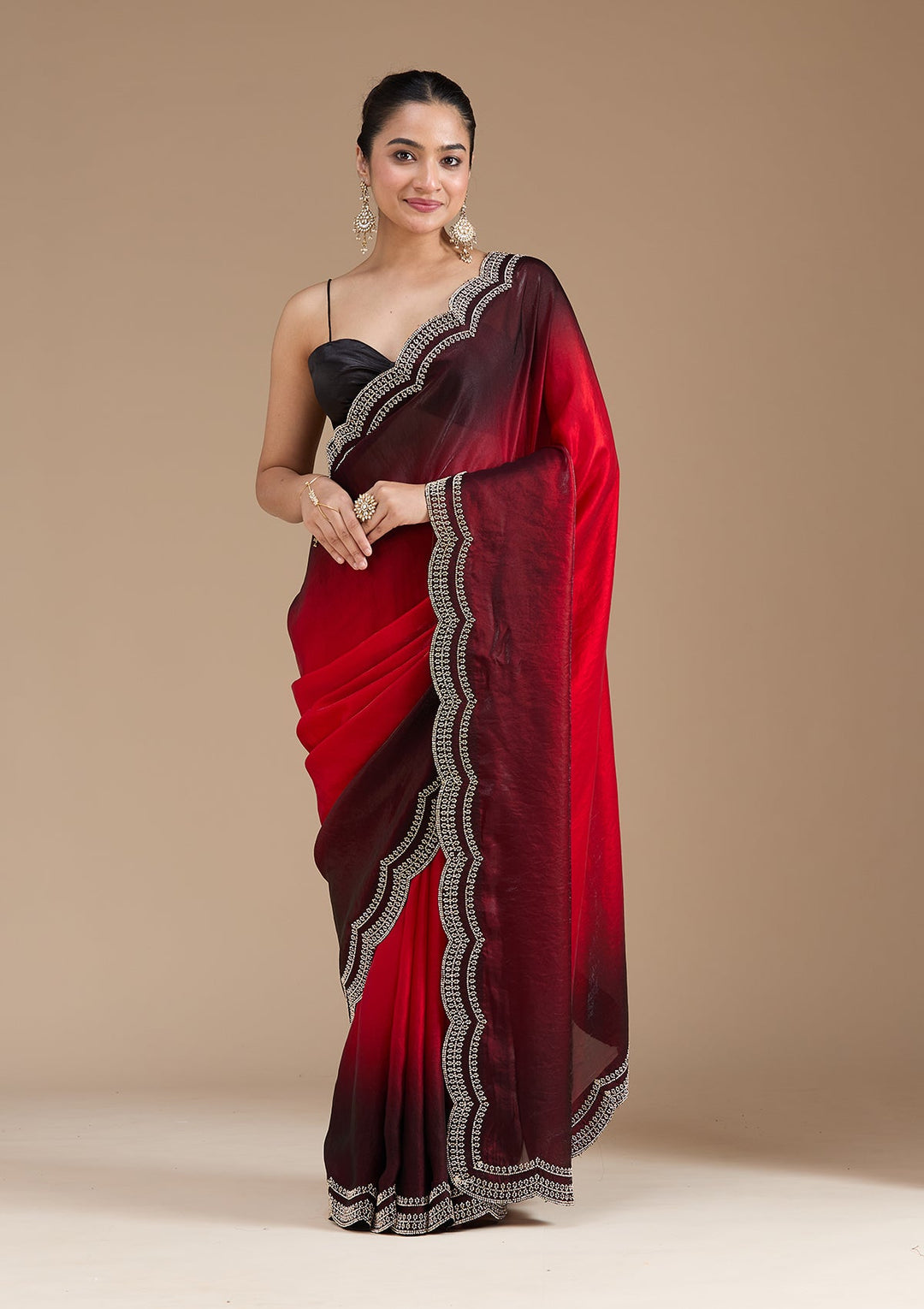 Red Stonework (Gold) Tissue Saree_koskii