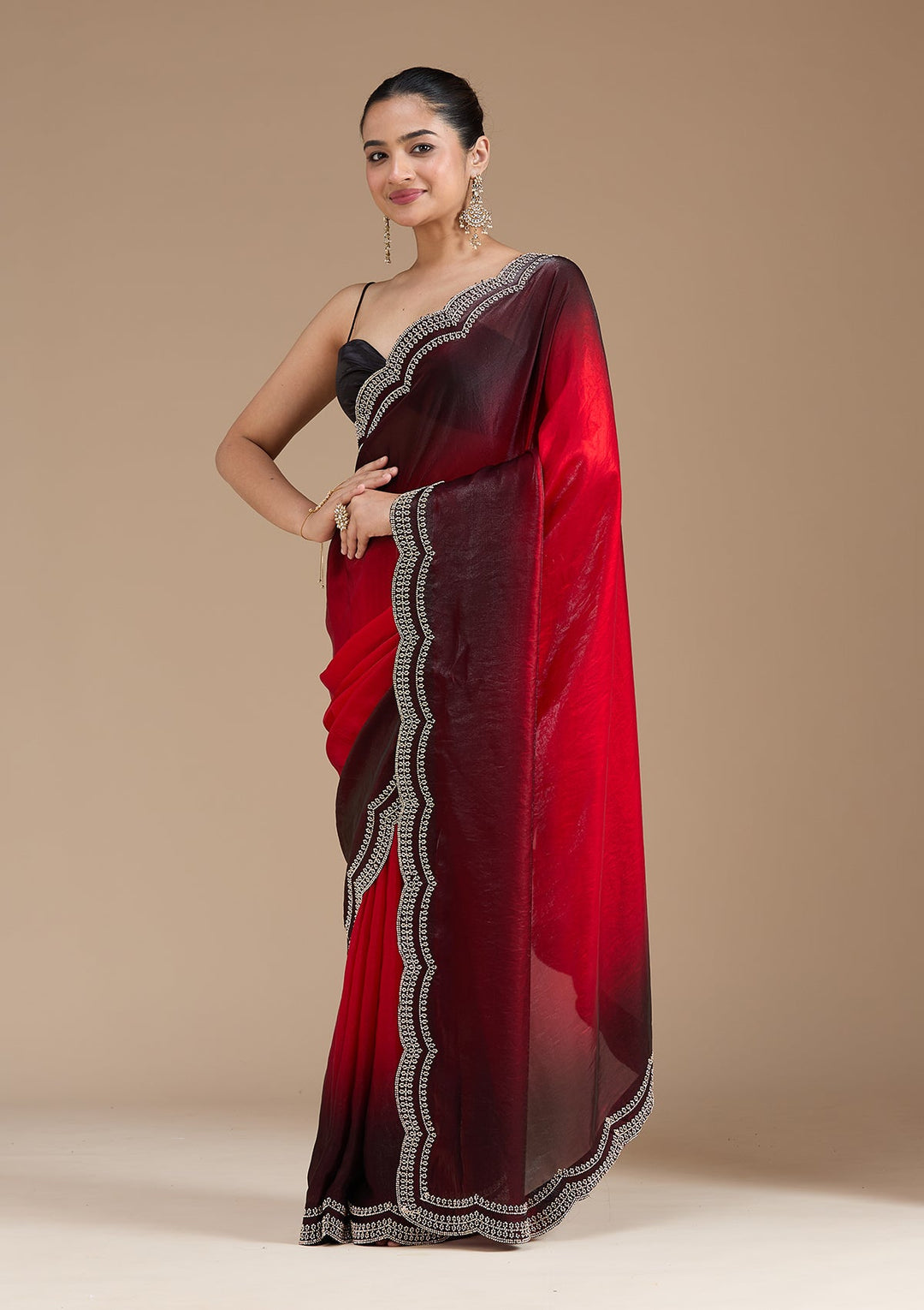 Red Stonework (Gold) Tissue Saree_koskii