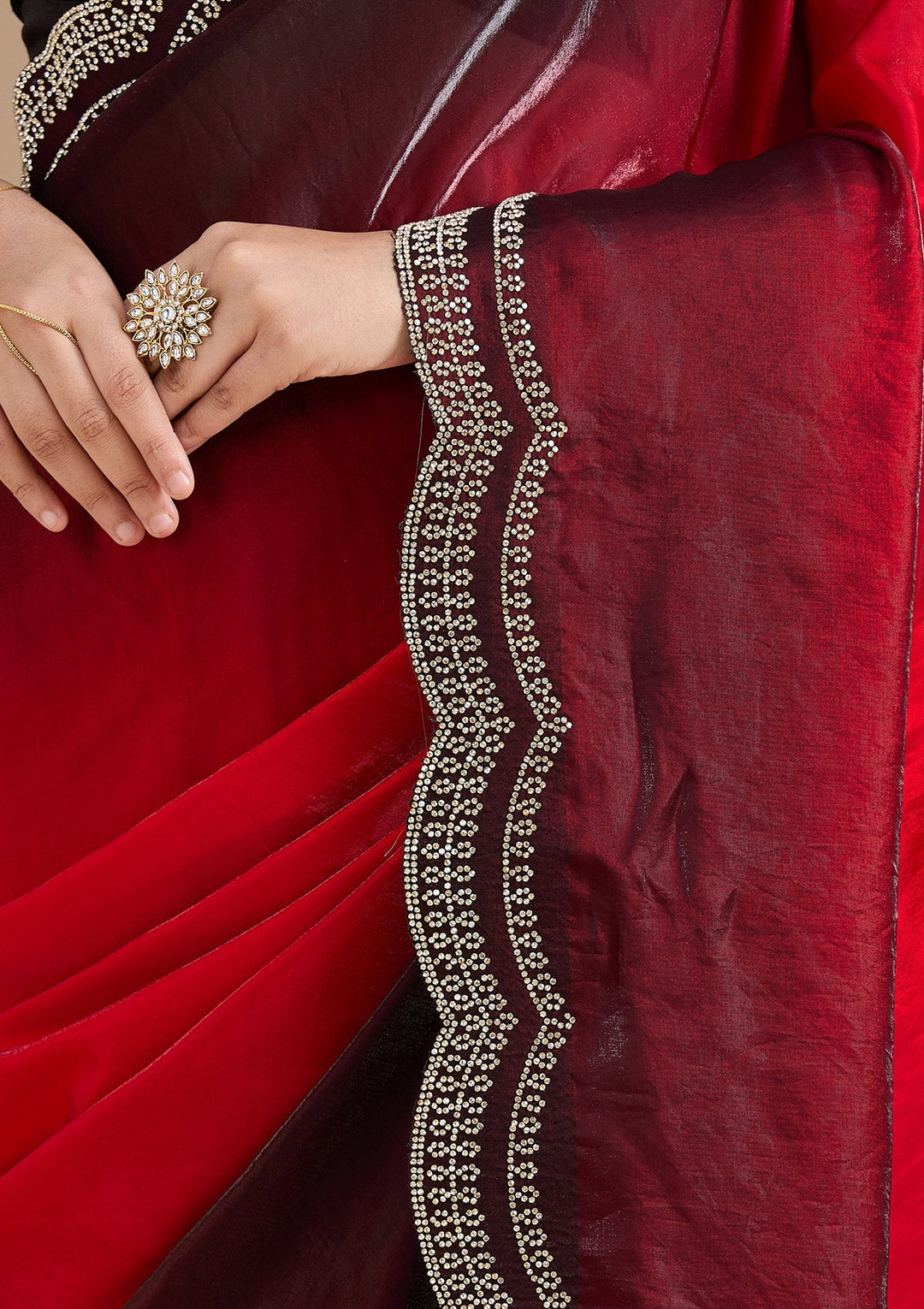 Red Stonework (Gold) Tissue Saree_koskii